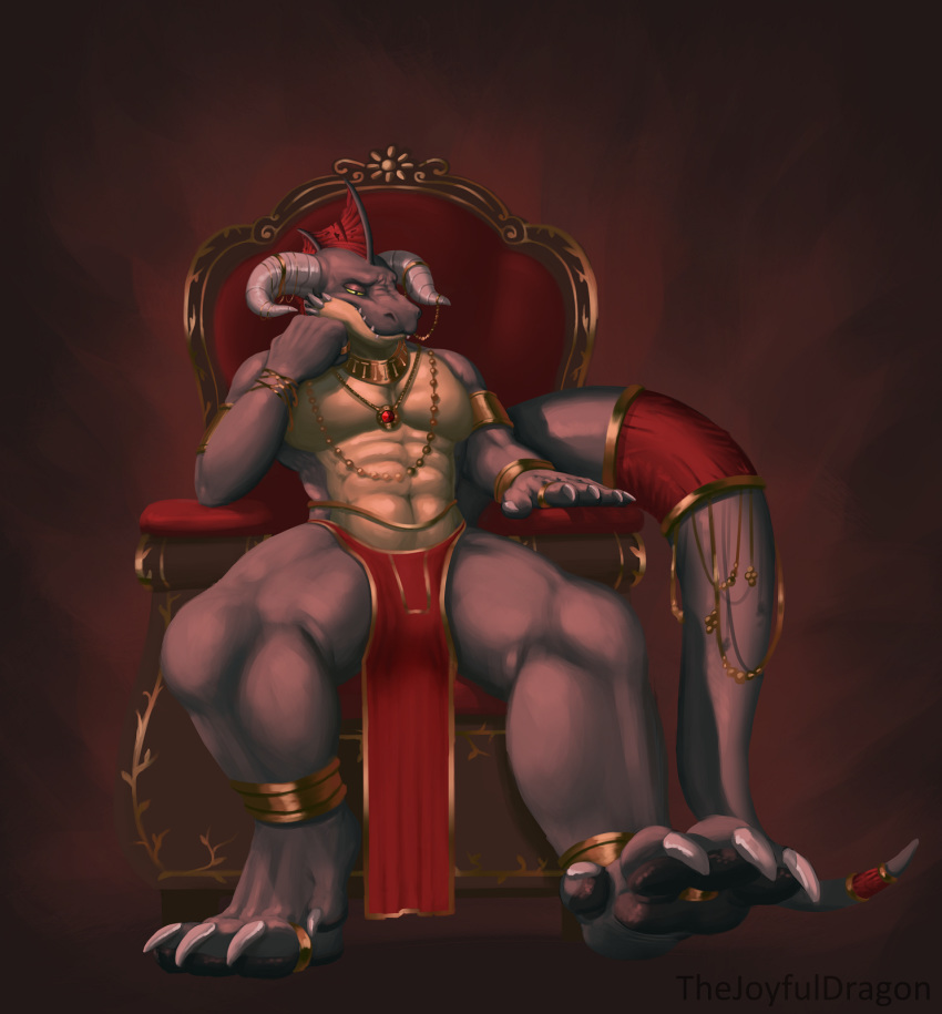 amulet anthro arhan chair clothing digit_ring dragon feet furniture gem hi_res jewelry loincloth male necklace paws ring solo thejoyfuldragon throne toe_ring