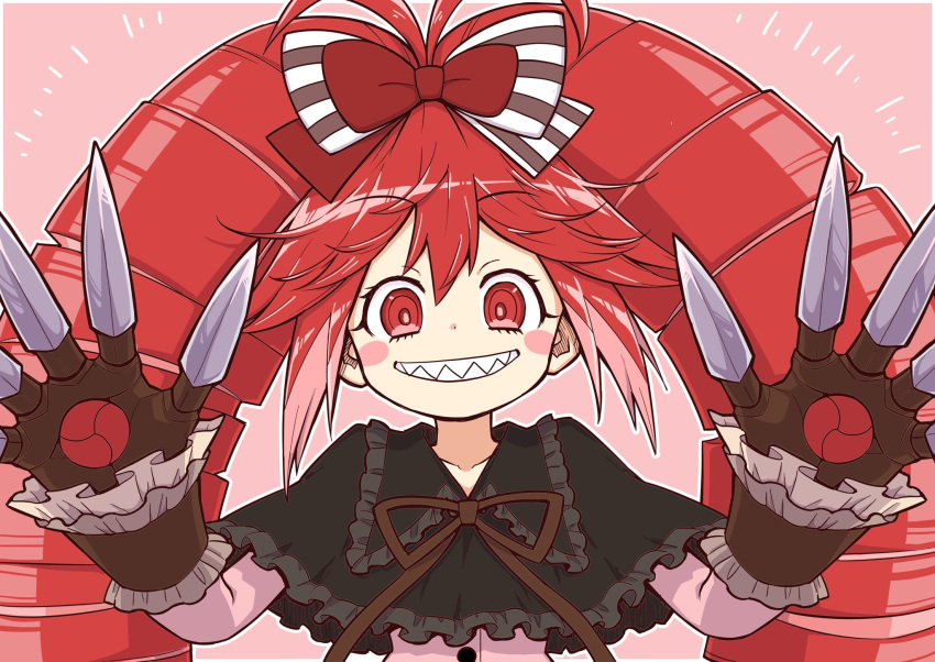 1girl antenna_hair black_bow blush_stickers bow capelet claws doll_joints drill_hair frills grin hair_bow hands_up highres joints long_hair looking_at_viewer micha_jawkan oninamako pink_background pink_shirt red_bow red_eyes red_hair ringed_eyes senki_zesshou_symphogear sharp_teeth shirt simple_background smile solo striped striped_bow teeth twin_drills upper_body wrist_cuffs