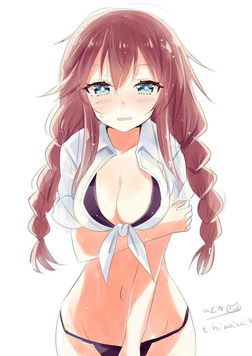 1girl alternate_costume bikini black_bikini blue_eyes blush braid breasts brown_hair cleavage eyebrows_visible_through_hair hair_between_eyes highres hizaka kantai_collection large_breasts long_hair looking_at_viewer navel noshiro_(kantai_collection) open_mouth shirt simple_background solo stomach sweat swimsuit thighs twin_braids twitter_username underboob white_background white_shirt