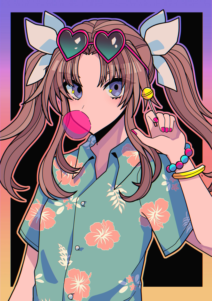 1girl absurdres alternate_costume bangs bracelet bubble_blowing candy chewing_gum eyebrows_visible_through_hair eyewear_on_head floral_print food hair_ribbon hawaiian_shirt highres jewelry kagerou_(kantai_collection) kantai_collection lollipop long_hair nail_polish pink_nails purple_eyes ribbon rirashi shirt short_sleeves simple_background solo twintails upper_body white_ribbon