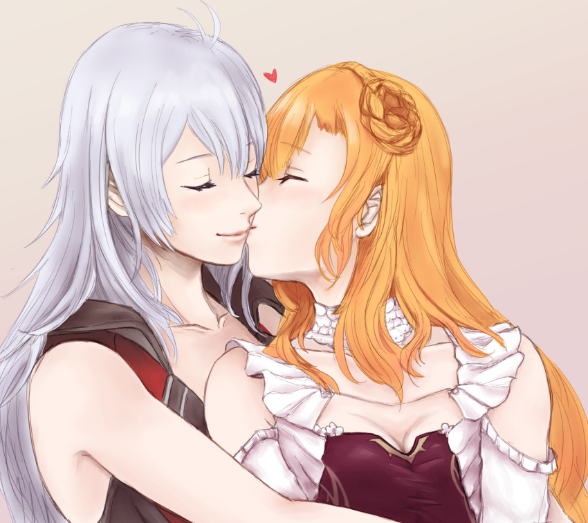 2girls arnas_(yoru_no_nai_kuni) blonde_hair blush braid braided_bun breasts cleavage closed_eyes collarbone couple happy hug kiss large_breasts long_hair lyuritis_(yoru_no_nai_kuni) multiple_girls neck simple_background smile very_long_hair white_hair yinabyna yoru_no_nai_kuni yoru_no_nai_kuni_2 yuri