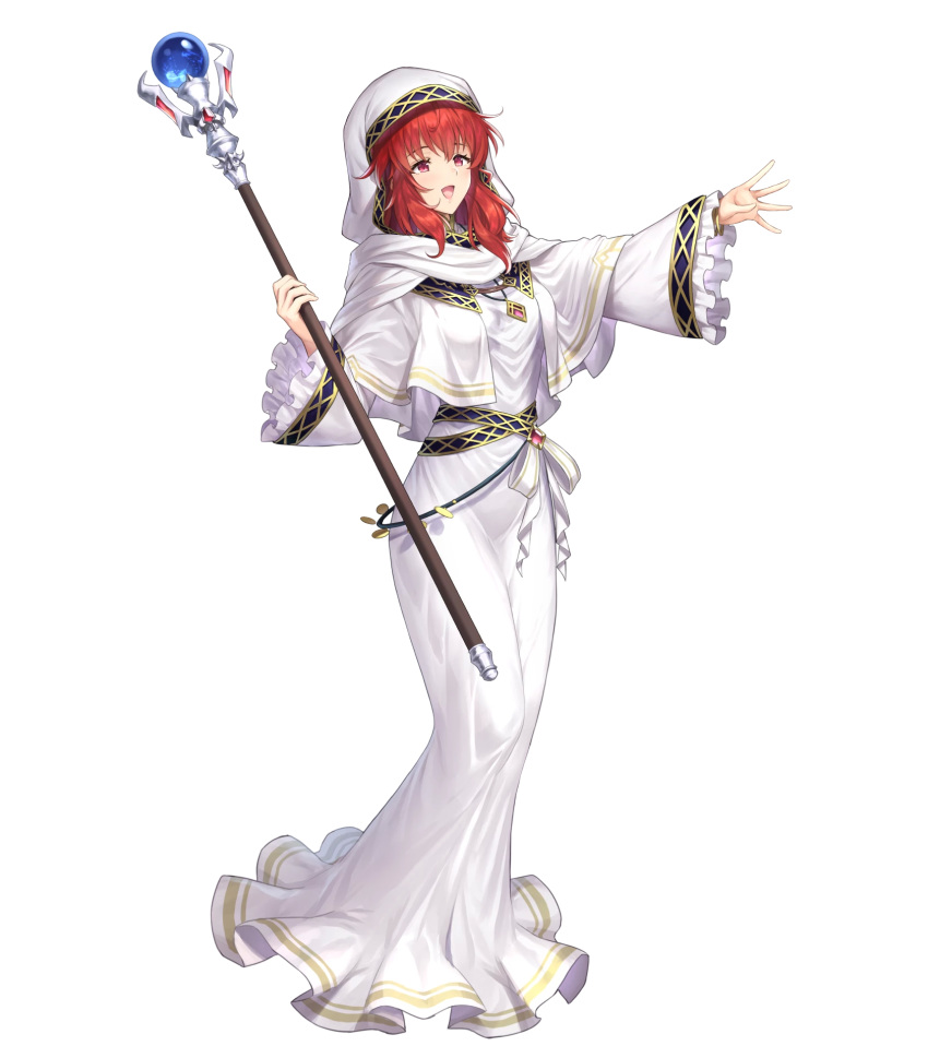 1girl dress fire_emblem fire_emblem:_mystery_of_the_emblem fire_emblem_heroes full_body highres holding lena_(fire_emblem) long_hair official_art red_eyes red_hair shoes solo staff transparent_background white_dress