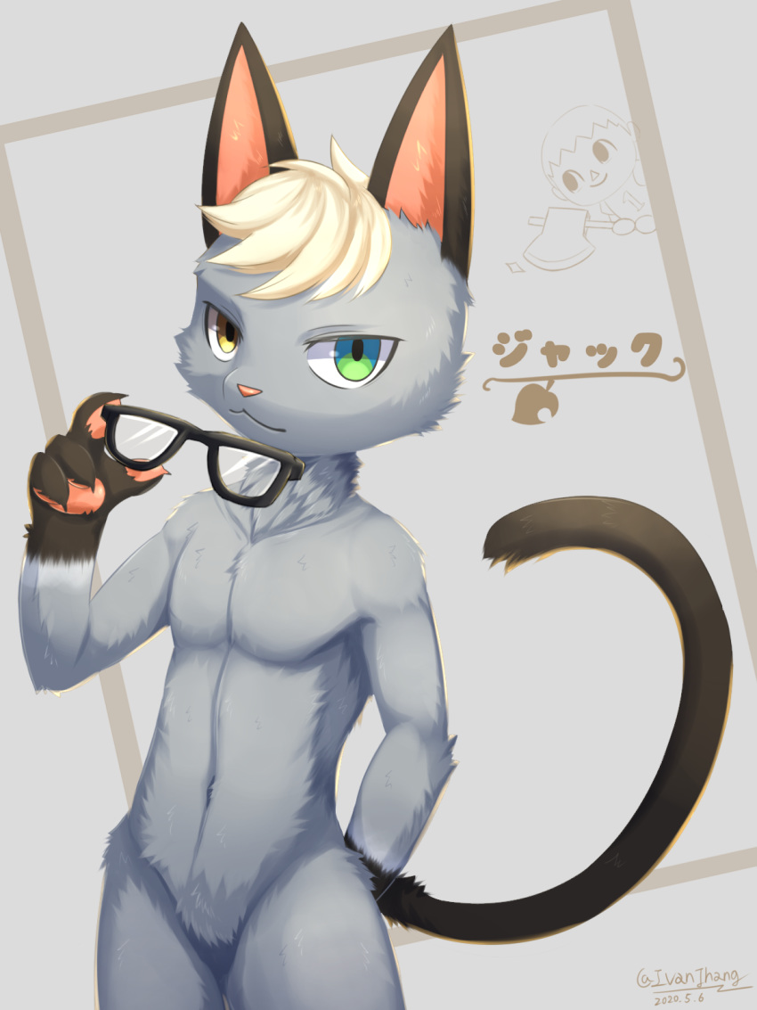 2020 3:4 4_fingers :3 ambiguous_gender animal_crossing anthro axe biped black_ears black_glasses black_hands black_markings black_paws black_tail black_tuft blonde_hair cheek_tuft chest_tuft clothed clothing colored crotch_tuft dated detailed_navel digital_media_(artwork) domestic_cat duo eyewear facial_tuft featureless_crotch felid feline felis fingers fur glasses glistening glistening_eyes gloves_(marking) green_eyes grey_background grey_body grey_fur grey_tuft hair hand_behind_back handpaw head_tuft heterochromia hi_res hip_tuft holding_axe holding_object holding_weapon ivan-jhang japanese_text katakana leaf leg_tuft long_tail looking_at_viewer male male_(lore) mammal markings melee_weapon monotone_ears monotone_hair monotone_inner_ear monotone_tail multicolored_body multicolored_fur neck_tuft nintendo nude number pawpads paws peeking pink_inner_ear pink_pawpads portrait raymond_(animal_crossing) shaded shirt signature simple_background smile solo_focus standing tail_tuft text three-quarter_portrait three-quarter_view topwear tuft two_tone_body two_tone_fur unsuspecting_victim vest video_games villager_(animal_crossing) weapon yellow_eyes