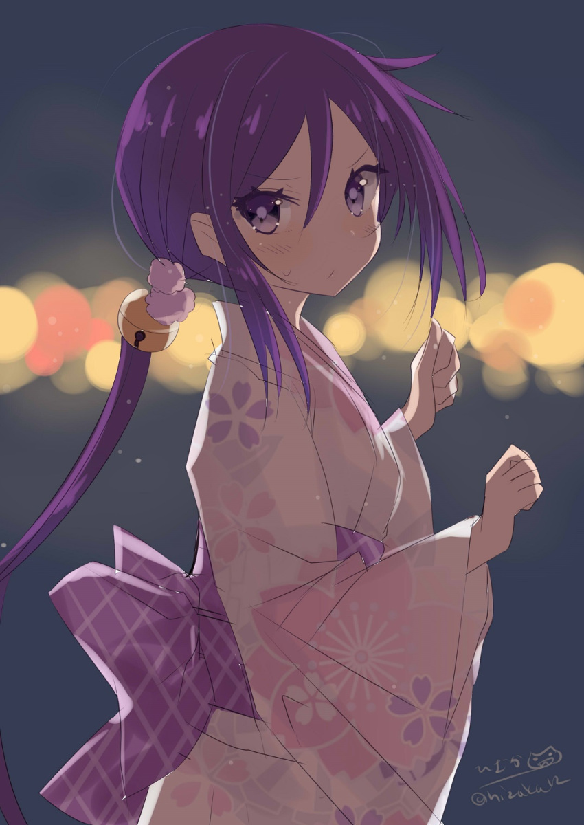 1girl akebono_(kantai_collection) alternate_costume arms_up bell blurry blurry_background blush breasts cleavage closed_mouth eyebrows_visible_through_hair floral_print flower hair_bell hair_flower hair_ornament highres hizaka japanese_clothes jingle_bell kantai_collection kimono long_hair long_sleeves looking_at_viewer night side_ponytail solo wide_sleeves yukata