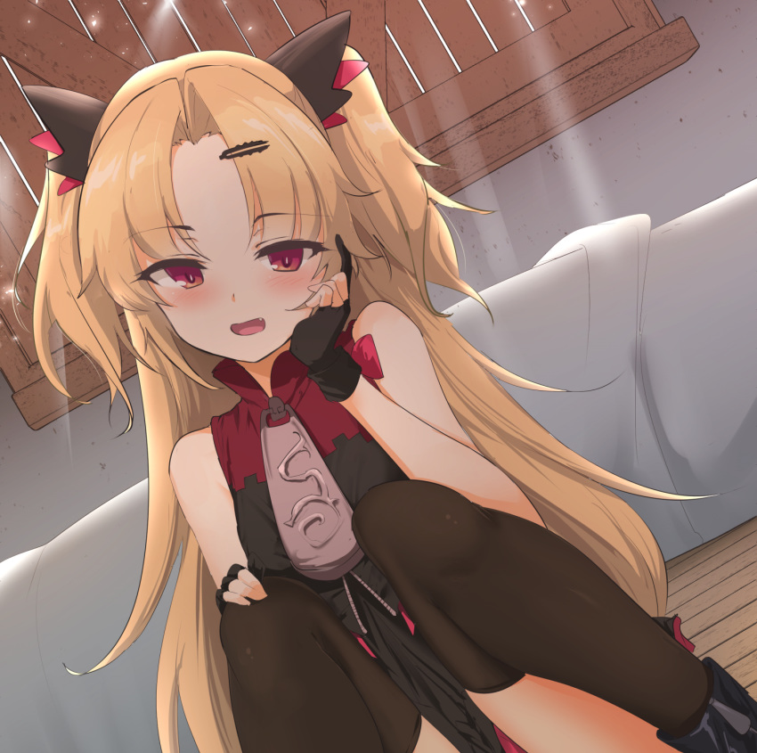 1girl :d akatsuki_uni bangs bare_arms bare_shoulders black_dress black_gloves black_legwear blonde_hair blush commentary_request dress dutch_angle fang gloves hair_ornament hairclip hand_up highres indoors knees_up long_hair looking_at_viewer momio open_mouth parted_bangs partly_fingerless_gloves red_eyes sitting sleeveless sleeveless_dress smile solo thighhighs two_side_up uni_channel very_long_hair wooden_floor zipper_pull_tab