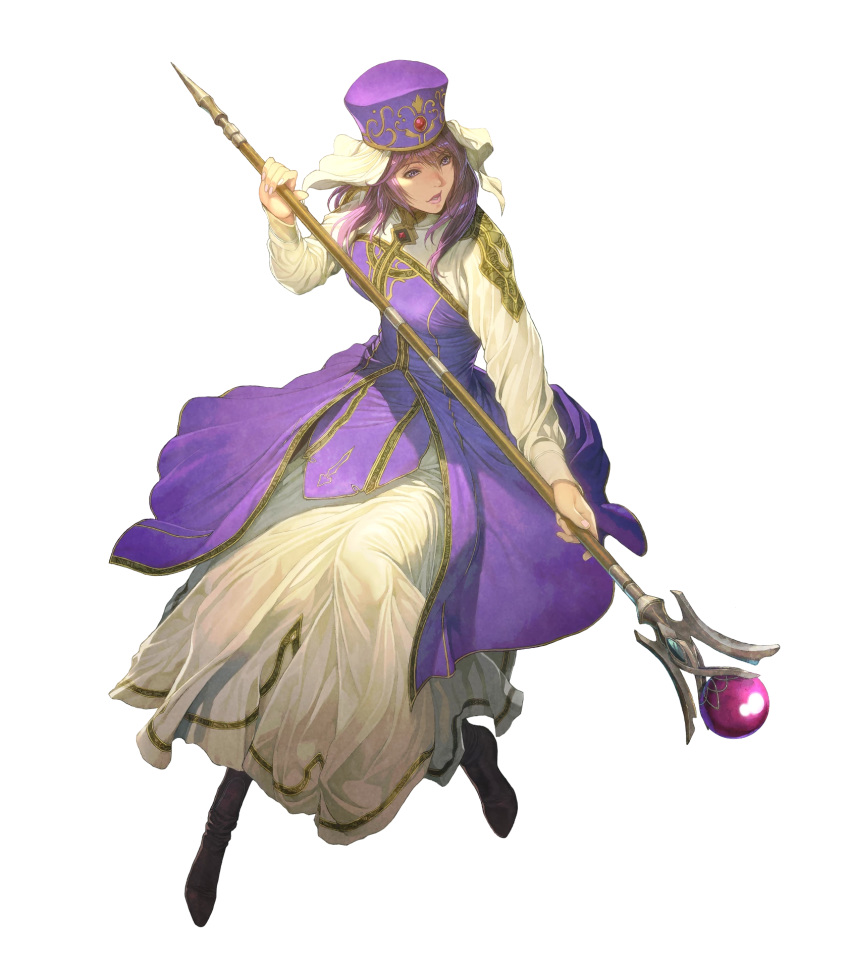 1girl bangs dress eremiya fire_emblem fire_emblem:_mystery_of_the_emblem fire_emblem_heroes full_body hat highres holding homare_(fool's_art) lips long_hair long_sleeves official_art open_mouth purple_eyes purple_hair shiny shiny_hair smile solo staff transparent_background