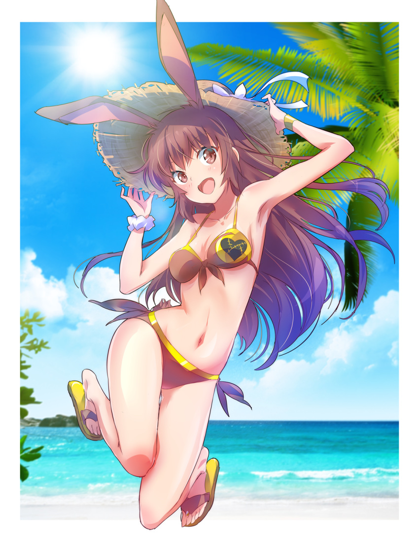 1girl animal_ears bare_shoulders beach bikini bunny_ears bunny_girl bunny_tail hat heart heart_print highres iesupa midriff navel rwby sandals solo straw_hat swimsuit tail velvet_scarlatina