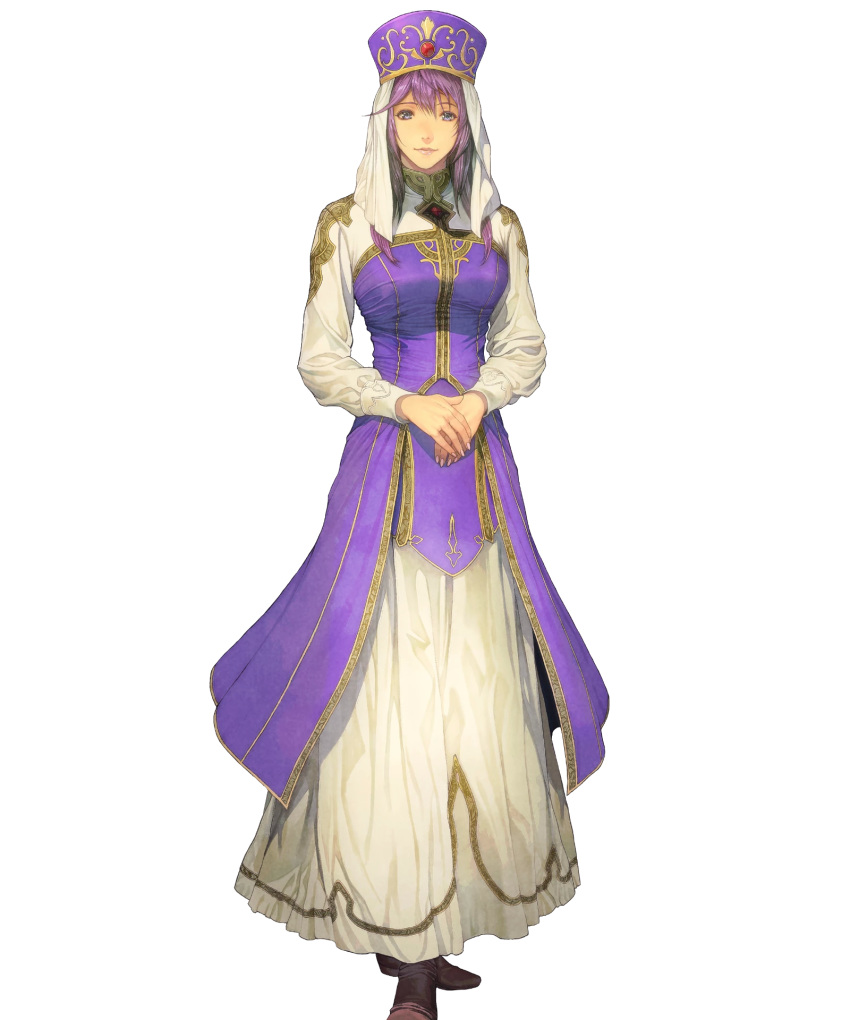 1girl bangs breasts closed_mouth dress eremiya eyebrows_visible_through_hair fingernails fire_emblem fire_emblem:_mystery_of_the_emblem fire_emblem_heroes full_body hands_together hat highres homare_(fool's_art) lips looking_at_viewer medium_breasts official_art purple_eyes purple_hair smile solo standing transparent_background