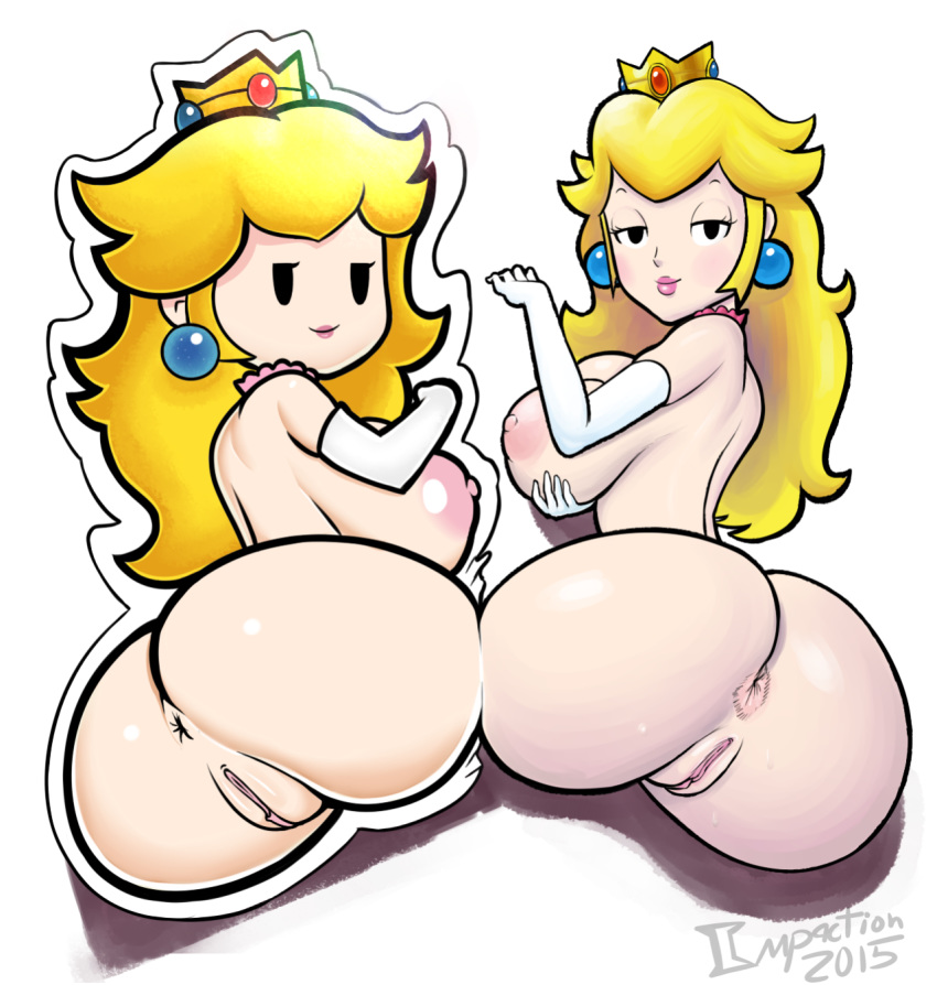 2girls ass blonde_hair blue_earrings blue_eyes breasts bullet_hole cartoonized collar crown doppelganger elbow_gloves gloves gray_impact half-closed_eyes highres large_breasts mario_(series) multiple_girls nude pale_skin paper paper_mario paper_mario:_the_thousand_year_door paper_mario_64 princess_peach pussy thick_thighs thighs white_gloves