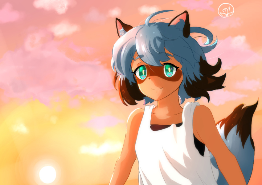 anthro black_body black_fur black_hair black_nose blue_body blue_eyes blue_fur blue_hair brand_new_animal brown_body brown_fur canid canine clothed clothing female fluffy fluffy_tail fur hair hi_res mammal michiru_kagemori multicolored_body multicolored_fur multicolored_hair raccoon_dog smile studio_trigger szrn5t tanuki topwear