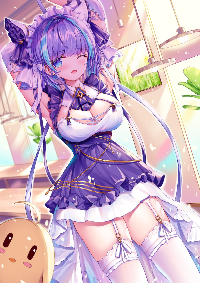 1girl absurdres animal_ears aqua_eyes armpits arms_up azur_lane blue_eyes blush breasts cheshire_(azur_lane) cleavage detached_sleeves dress eyebrows_visible_through_hair fang frilled_hairband frilled_headband frilled_ribbon frills garter_belt garter_straps hairband highres indoors lamp large_breasts long_ribbon looking_at_viewer maid_dress maid_headdress manjuu_(azur_lane) multicolored_hair one_eye_closed plant puffy_detached_sleeves puffy_sleeves purple_apron purple_hair ribbon skin_fang smile solo streaked_hair sugi_(far-) thighhighs white_legwear wrist_cuffs