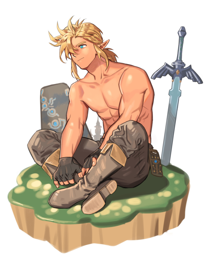 1boy abs blonde_hair blue_eyes boots chest collarbone earth fingerless_gloves full_body gloves highres link male_focus medium_hair no_nipples one_eye_covered pants planted_weapon pointy_ears rock shiny shiny_hair shiny_skin shirtless sitting smile solo sword the_legend_of_zelda weapon youchi123