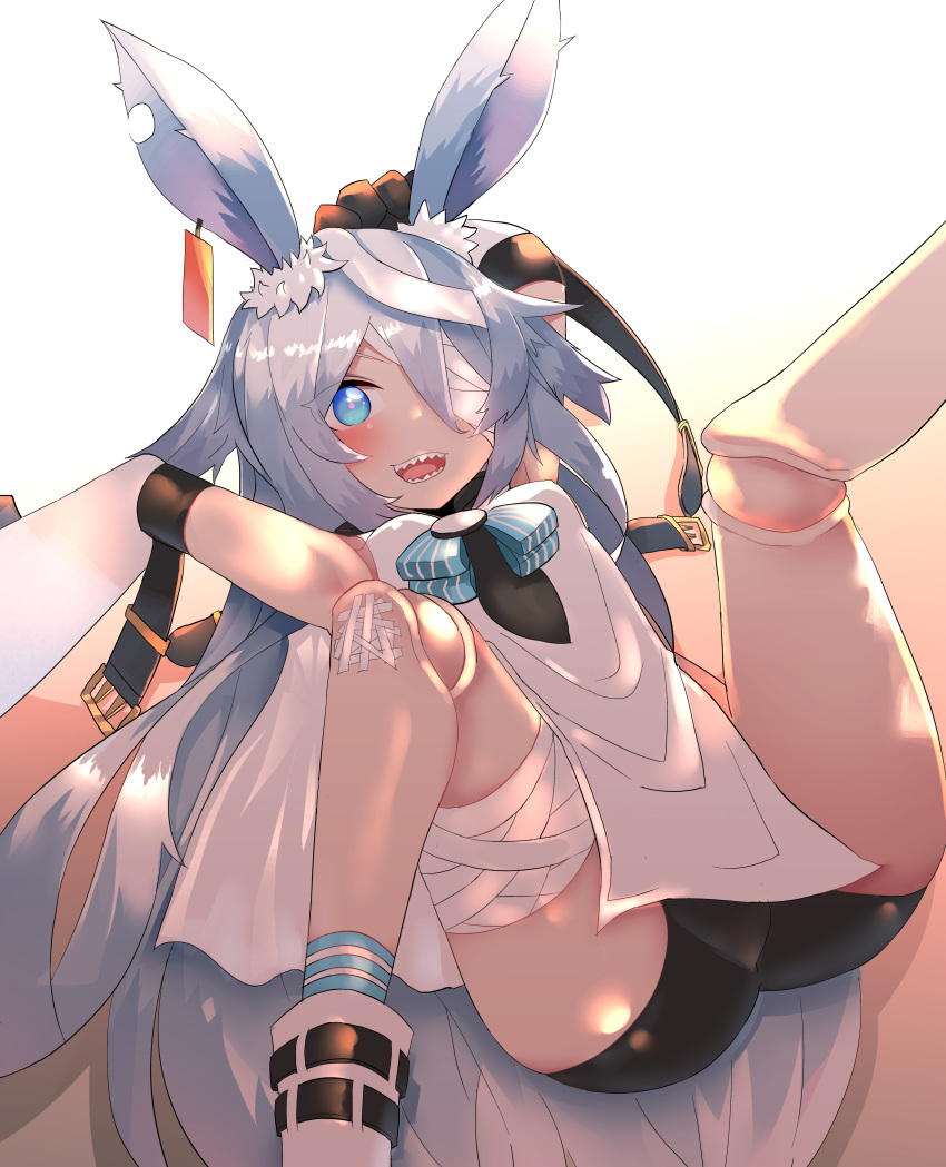 1girl absurdres animal_ears armpits arms_up ass bandage_over_one_eye bandaged_leg bandages beefjk bike_shorts black_shorts blue_eyes boots bunny_ears doll_joints elbow_gloves gloves highres joints legs legs_up little_witch_nobeta long_hair lying monica_(little_witch_nobeta) on_back open_mouth sharp_teeth short_shorts shorts silver_hair smile socks solo spread_legs striped_footwear tabard teeth thighs two_side_up white_footwear white_gloves white_tabard