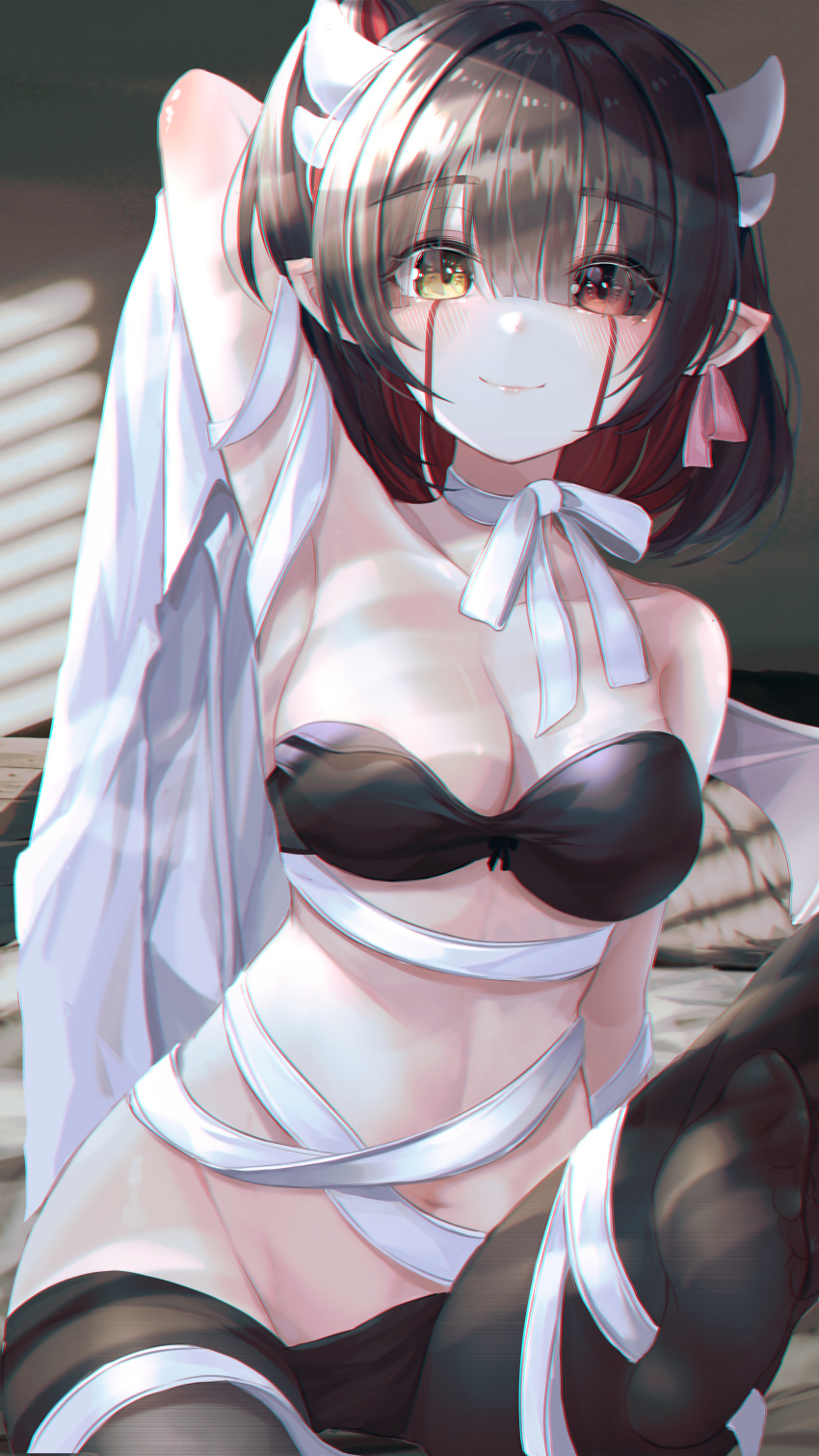 1girl absurdres arm_behind_head arm_up armpits bandeau bare_shoulders bbeedol black_hair black_legwear breasts choker cleavage collarbone colored_inner_hair groin heterochromia highres large_breasts looking_at_viewer multicolored_hair navel original pantyhose pointy_ears red_eyes ribbon ribbon_choker short_hair sitting smile solo stomach strapless white_choker white_ribbon window_shade yellow_eyes