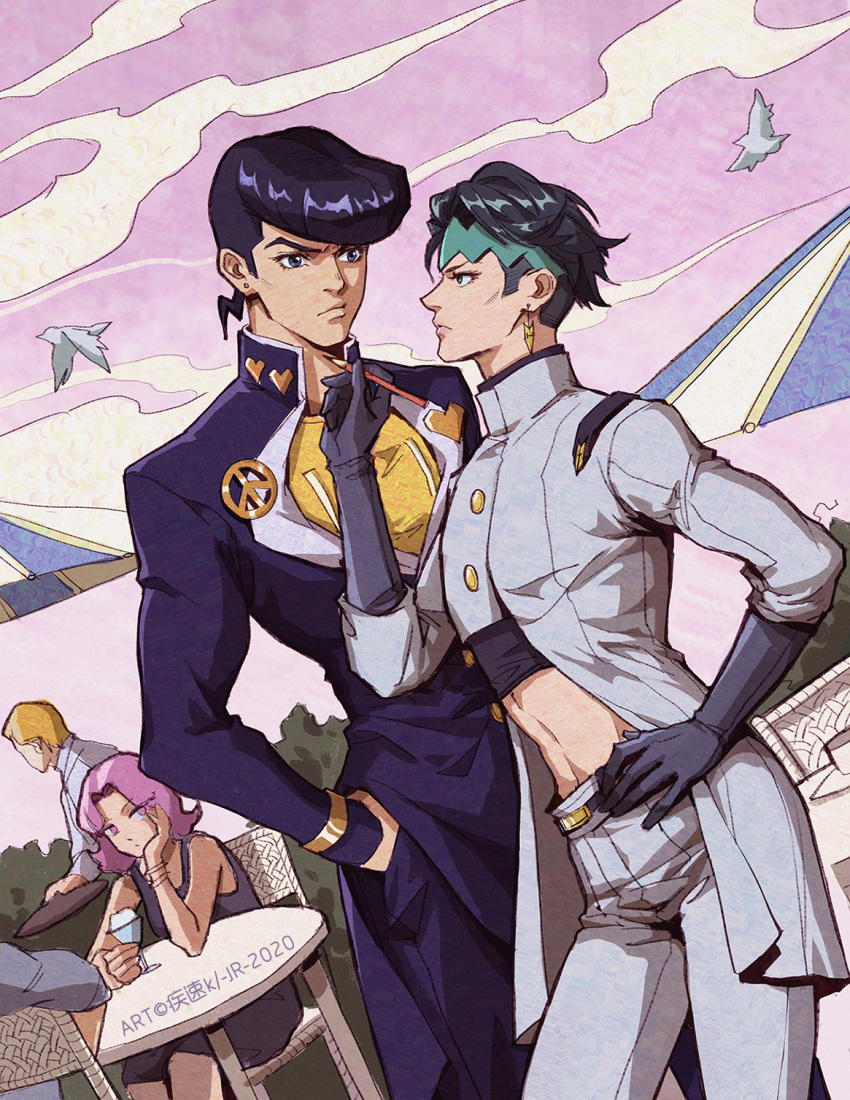 2boys abs blue_eyes brooch cdash817 diamond_wa_kudakenai earrings gakuran green_eyes green_hair hand_in_pocket hand_on_hip headband heart higashikata_jousuke highres jewelry jojo_no_kimyou_na_bouken kishibe_rohan looking_at_another male_focus midriff multiple_boys navel pompadour purple_hair school_uniform