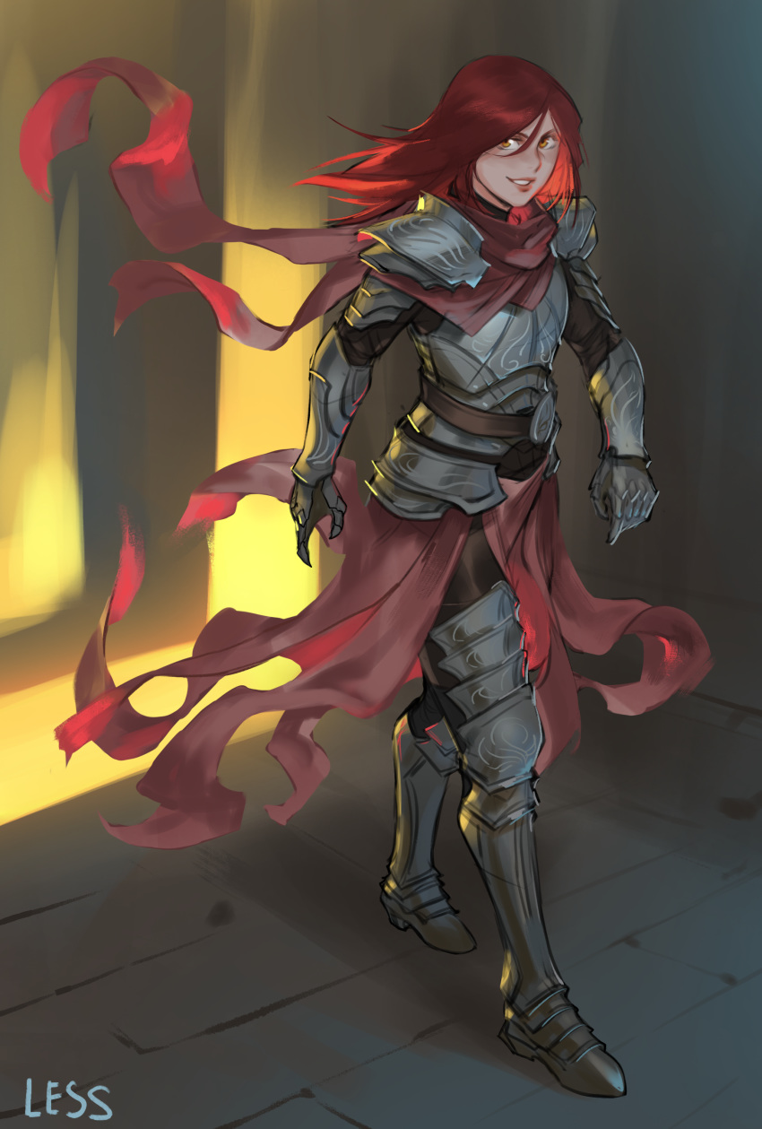 1girl absurdres armor artist_name breastplate brick_floor commentary commission english_commentary full_body gauntlets greaves highres less long_hair looking_at_viewer orange_eyes original pants parted_lips pauldrons plate_armor red_hair red_scarf scarf shoulder_armor smile solo waist_cape walking