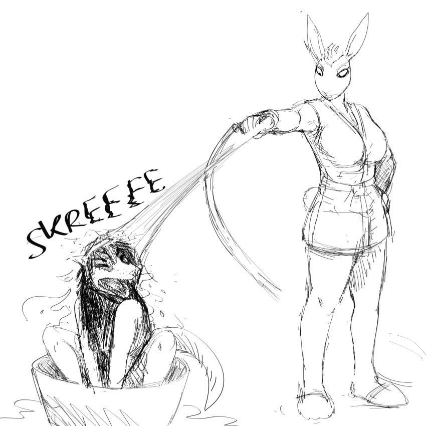 1:1 anthro bath black_and_white clothing didelphid duo female hi_res hladilnik hose lagomorph leporid mammal marsupial marylin_(hladilnik) monochrome pro_bun_(hladilnik) rabbit robe screaming shower sketch slippers