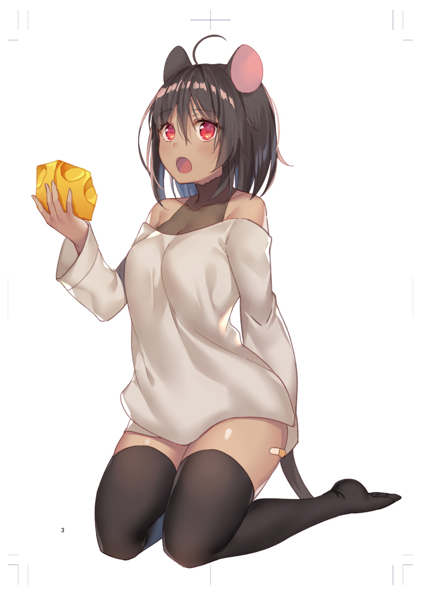 1girl :o ahoge animal_ears arm_behind_back bandaid bandaid_on_leg bangs bare_shoulders black_hair black_legwear blush breasts cheese cleavage collarbone commentary_request dark_skin dress eyebrows_visible_through_hair food full_body grey_dress highres holding holding_food kneeling long_sleeves looking_at_viewer mouse_ears mouse_girl mouse_tail no_shoes open_mouth original red_eyes short_dress short_hair simple_background small_breasts solo tail thighhighs white_background yuraiko