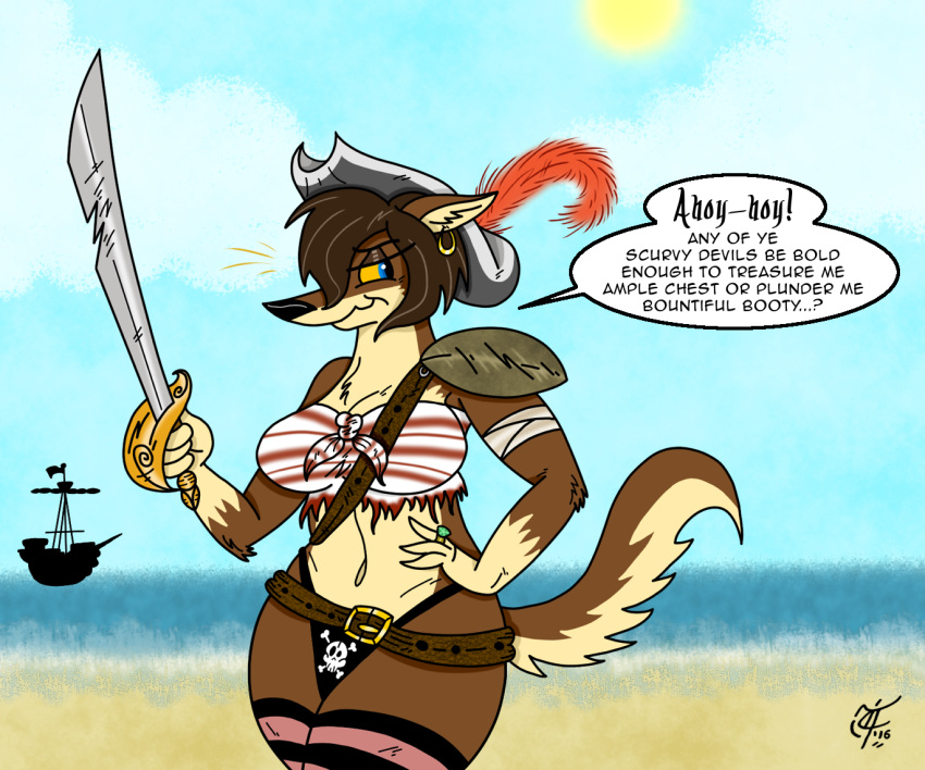 anthro beach blue_eyes breasts brown_body brown_fur canid canine canis clothed clothing digital_media_(artwork) english_text female fur hair looking_at_viewer lucy_lupa mammal melee_weapon pinup pirate_hat pirate_outfit pose seaside ship smile solo sword text unclescooter vehicle watercraft weapon wolf