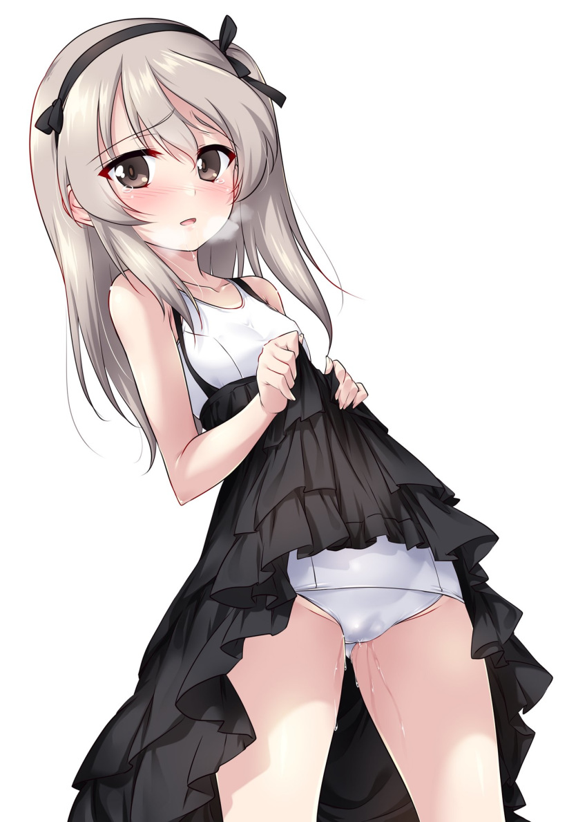 1girl bare_shoulders black_dress blush breasts brown_eyes cameltoe collarbone dress dress_lift embarrassed frilled_dress frills from_below girls_und_panzer groin hair_ornament hairband highres kuzuryuu_kennosuke lifted_by_self looking_at_viewer open_mouth school_swimsuit shimada_arisu shiny shiny_hair shiny_skin simple_background small_breasts solo swimsuit swimsuit_under_clothes swimwear white_background white_hair white_swimsuit