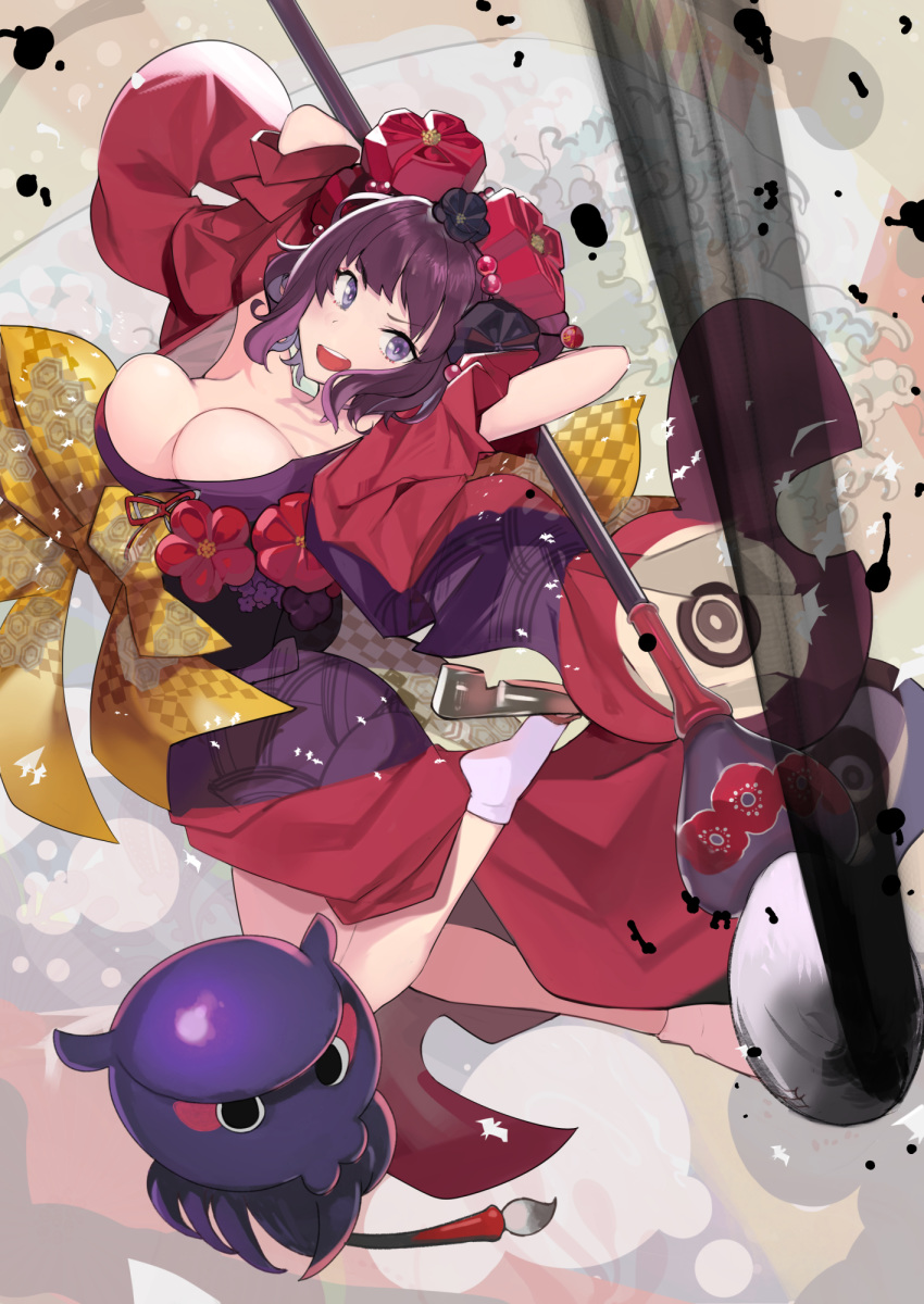 1girl arms_behind_head arms_up bangs bare_shoulders blue_eyes breasts cleavage collarbone fate/grand_order fate_(series) giant_brush hair_ornament hairpin hareno_chiame highres japanese_clothes katsushika_hokusai_(fate/grand_order) kimono large_breasts long_sleeves looking_at_viewer octopus off_shoulder open_mouth paintbrush purple_hair purple_kimono red_kimono sash short_hair smile tokitarou_(fate/grand_order) wide_sleeves