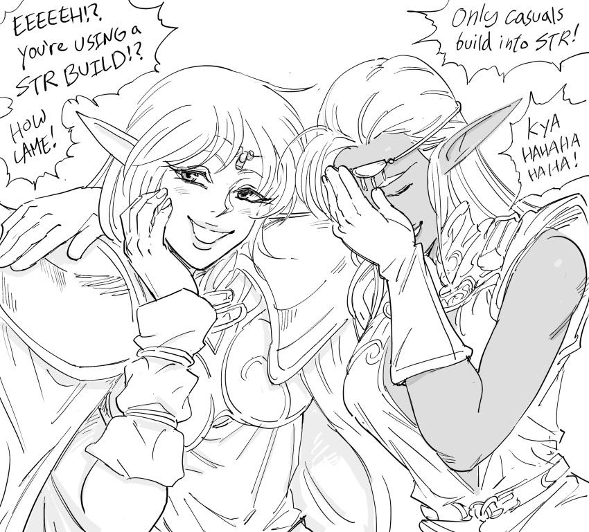 2girls bb_(baalbuddy) breastplate cape circlet commentary dark_elf deedlit elf english_commentary english_text greyscale hand_on_own_face highres laughing laughing_girls_(meme) long_hair looking_at_viewer meme monochrome multiple_girls pirotess pointy_ears record_of_lodoss_war shoulder_armor simple_background smile spaulders white_background