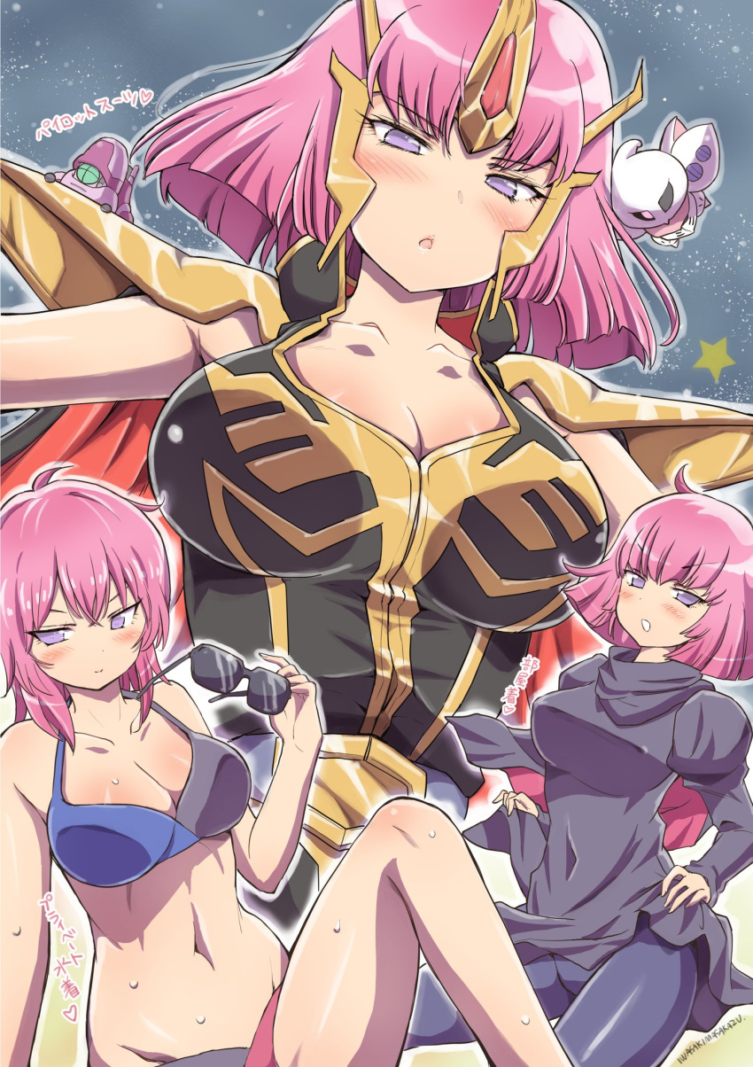 1girl bikini black_sweater blush breasts cape chibi cleavage eyebrows_visible_through_hair from_below gaza-c gundam gundam_zz haman_karn hand_on_hip highres iwasaki_masakazu large_breasts looking_down mecha midriff multiple_views navel pink_hair purple_eyes qubeley short_hair sweater swimsuit uniform v-shaped_eyebrows zeon zeta_gundam