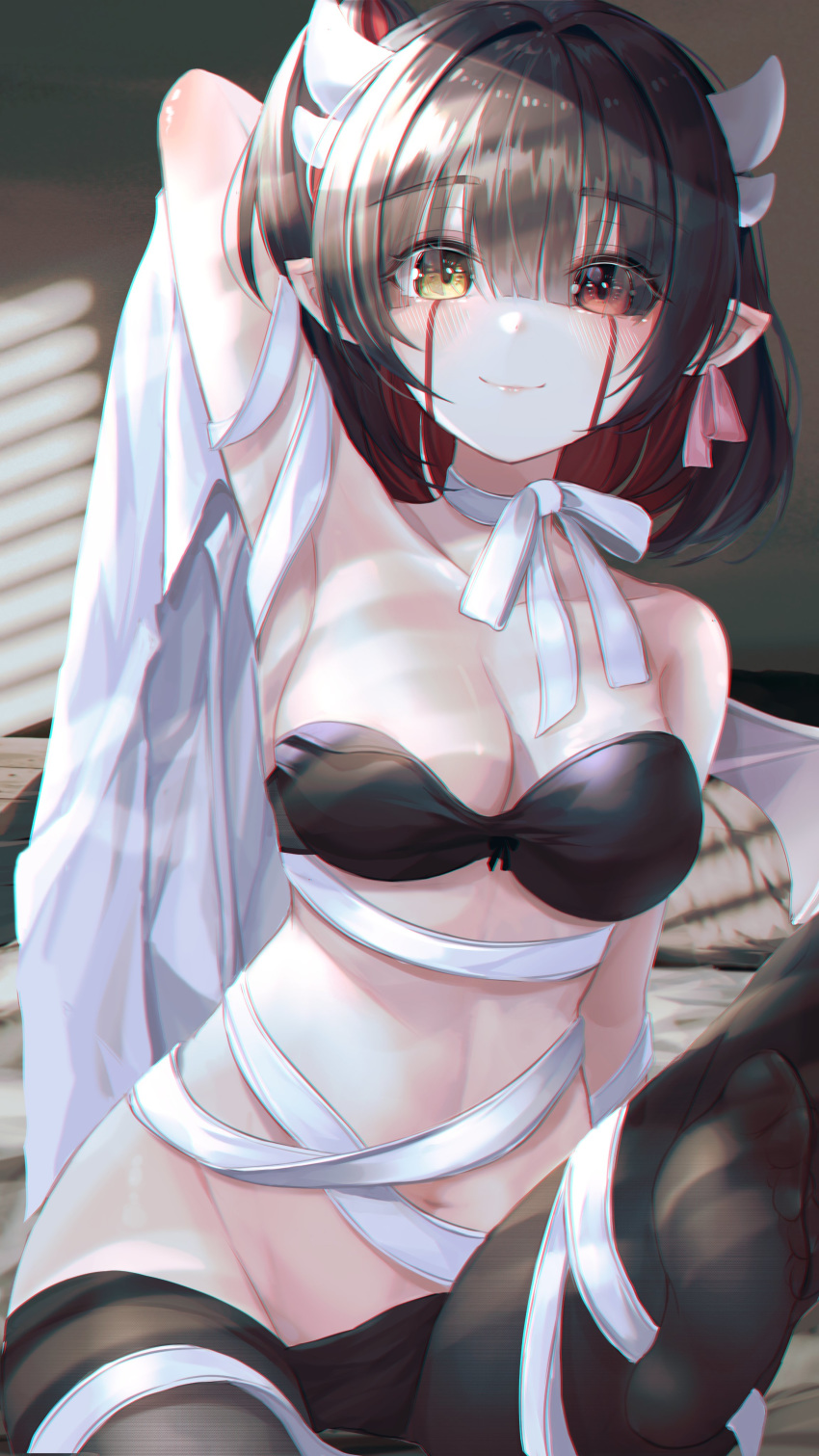 1girl absurdres arm_behind_head arm_up armpits bare_shoulders bbeedol black_hair black_legwear breasts choker cleavage collarbone colored_inner_hair groin heterochromia highres large_breasts looking_at_viewer multicolored_hair navel original pantyhose pointy_ears red_eyes ribbon ribbon_choker short_hair sitting smile solo stomach white_choker white_ribbon window_shade yellow_eyes