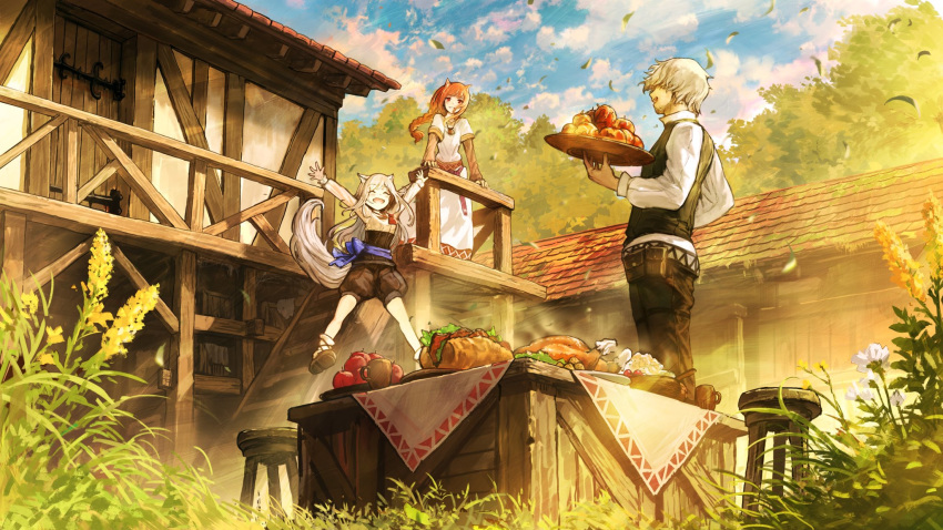 1boy 2girls animal_ears brown_hair craft_lawrence dress family food happy highres holo house jumping long_hair multiple_girls myuri_(spice_and_wolf) official_art plate sash shinsetsu_spice_and_wolf silver_hair spice_and_wolf stool table tail wolf_ears wolf_girl wolf_tail you_shimizu