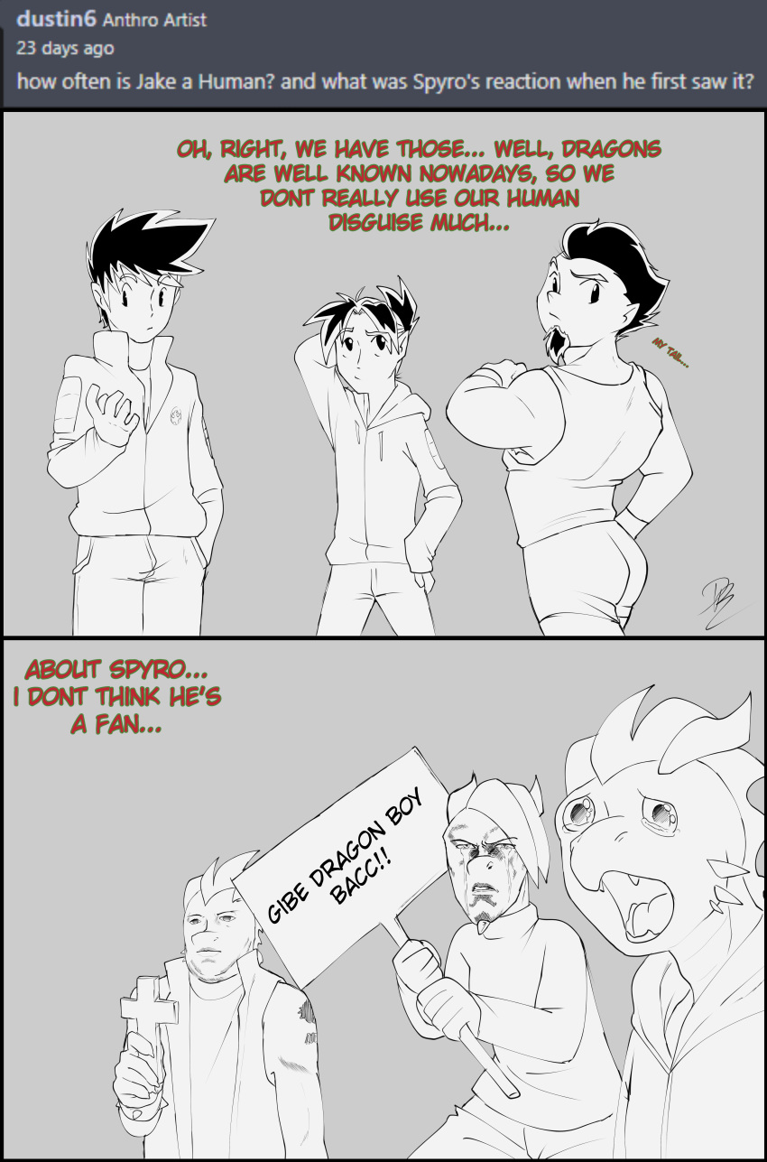 2koma 5_fingers absurd_res activision american_dragon:_jake_long ask_blog bodily_fluids bottomwear clothing comic cross crying dialogue disney dragon english_text fangs fingers front_view grey_background hand_behind_head hand_on_head hand_on_hip hi_res holding_cross holding_object holding_sign human humor jacket jake_long leather leather_jacket looking_back looking_down male mammal meme muscular muscular_male open_mouth protest_sign raccoon_douglas_(artist) rear_view sad shirt shorts sign simple_background skinny_male spyro spyro_the_dragon standing tank_top tears text topwear video_games