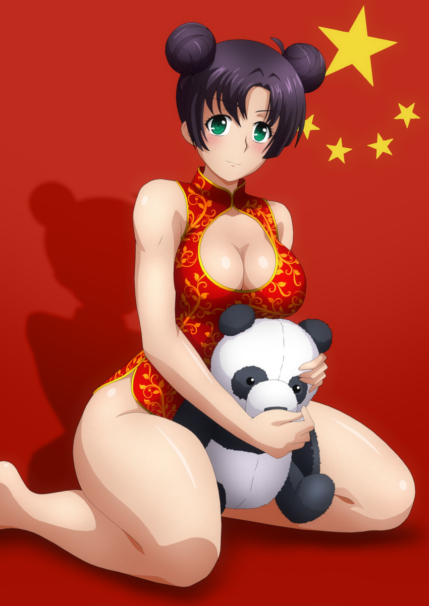 1girl absurdres artist_request bare_shoulders black_hair blush breasts china_dress chinese_clothes cleavage closed_mouth double_bun dress eyebrows_visible_through_hair green_eyes highres holding holding_stuffed_animal killing_bites kneeling large_breasts looking_at_viewer no_panties people's_republic_of_china_flag shadow shiny shiny_hair shiny_skin simple_background solo stuffed_animal stuffed_toy wang_aizhen
