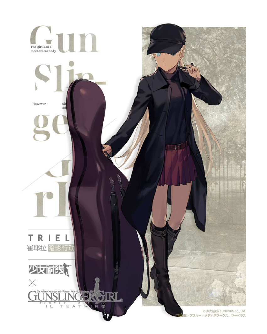 1girl blonde_hair blue_eyes boots cello_case dark_skin duoyuanjun girls_frontline gunslinger_girl highres jacket kilt microphone solo triela