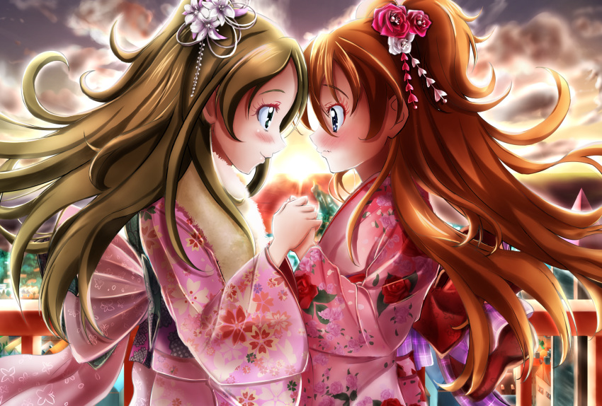 2girls ballpoint_pen_(medium) bangs blue_eyes blurry blurry_background blush brown_hair closed_mouth couple embarrassed eye_contact eyebrows_visible_through_hair floating_hair floral_print flower from_side fur-trimmed_kimono fur_trim green_eyes hair_between_eyes hair_flower hair_ornament highres holding_hands houjou_hibiki japanese_clothes kimono long_hair long_sleeves looking_at_another minamino_kanade multiple_girls nengajou new_year obi pink_kimono precure print_kimono profile red_flower sash shiny shiny_hair short_twintails smile suite_precure sunset traditional_media twintails very_long_hair white_flower yu-sha-mashi-alo-fa yukata yuri