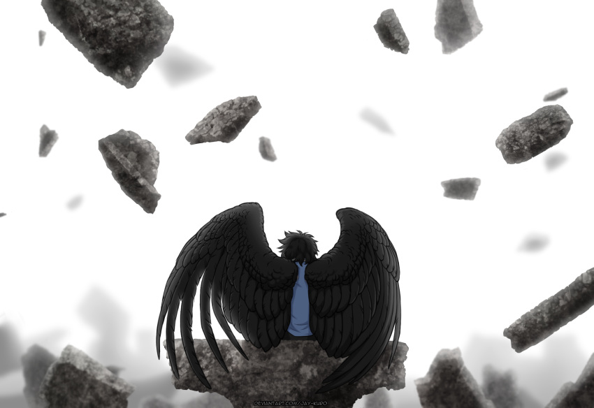 2020 black_body black_feathers digital_media_(artwork) feathered_wings feathers hi_res humanoid jay-kuro sitting solo winged_humanoid wings
