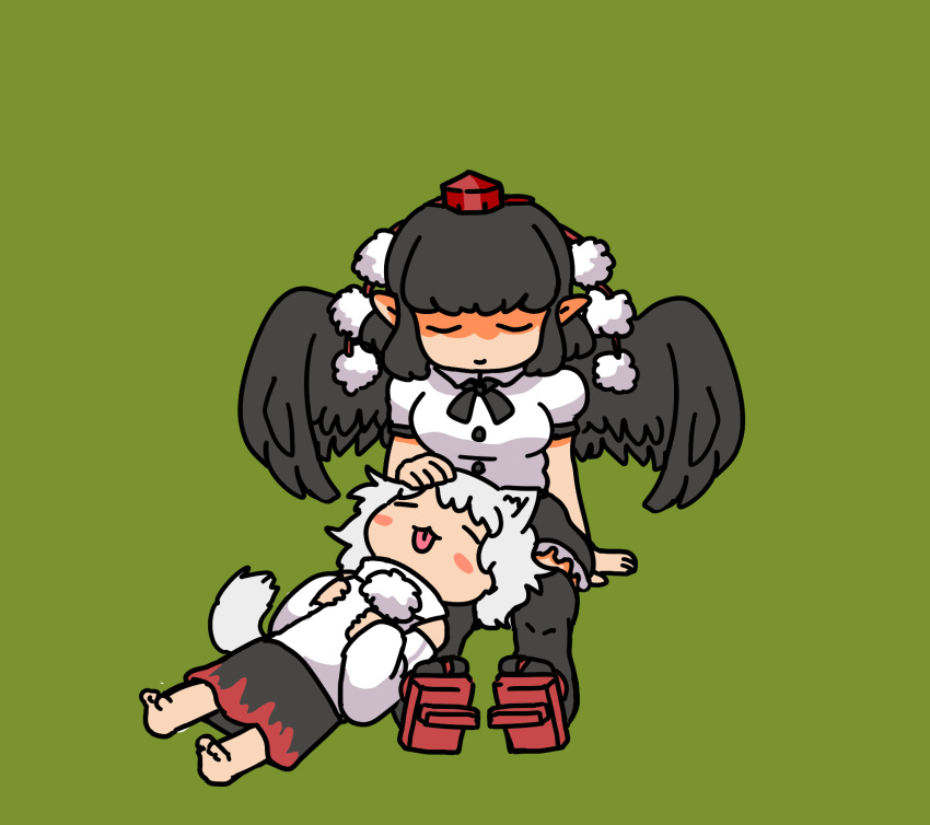 2girls :3 =_= afei_(sfma3248) animal_ears bare_shoulders barefoot bird_wings black_keys black_ribbon black_skirt black_wings blush_stickers chinese_commentary closed_eyes collared_shirt commentary_request detached_sleeves geta green_background hand_on_another's_head hands_on_own_chest hat highres inubashiri_momiji lying medium_skirt multicolored multicolored_clothes multicolored_skirt multiple_girls on_back petting pom_pom_(clothes) puffy_short_sleeves puffy_sleeves red_footwear red_skirt ribbon shameimaru_aya shirt short_hair short_sleeves simple_background sitting skirt sleeping smile tail tengu-geta thighhighs tokin_hat tongue tongue_out touhou white_hair white_shirt wings wolf_ears wolf_tail