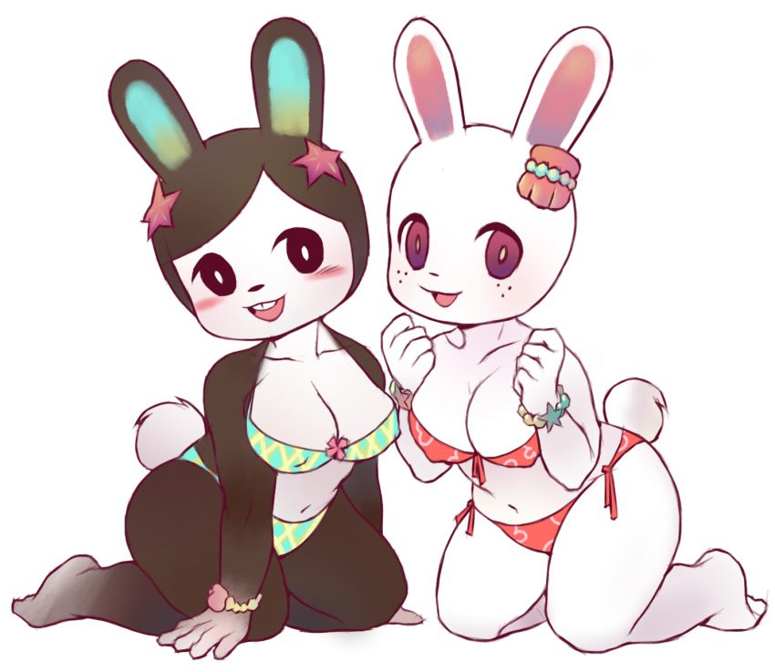 accessory animal_crossing anthro asterozoan big_breasts big_pepper bikini blush bracelet breasts brown_body brown_fur carmen_(animal_crossing) cleavage clothed clothing duo echinoderm excited female fist freckles fur hair_accessory happy hi_res jewelry kneeling lagomorph leaning leaning_forward leporid looking_at_viewer mammal marine nintendo nipple_outline no_sclera rabbit red_eyes ruby_(animal_crossing) seashell shell side-tie_bikini simple_background smile starfish starfish_(accessory) swimwear tooth_gap video_games white_background white_body white_fur