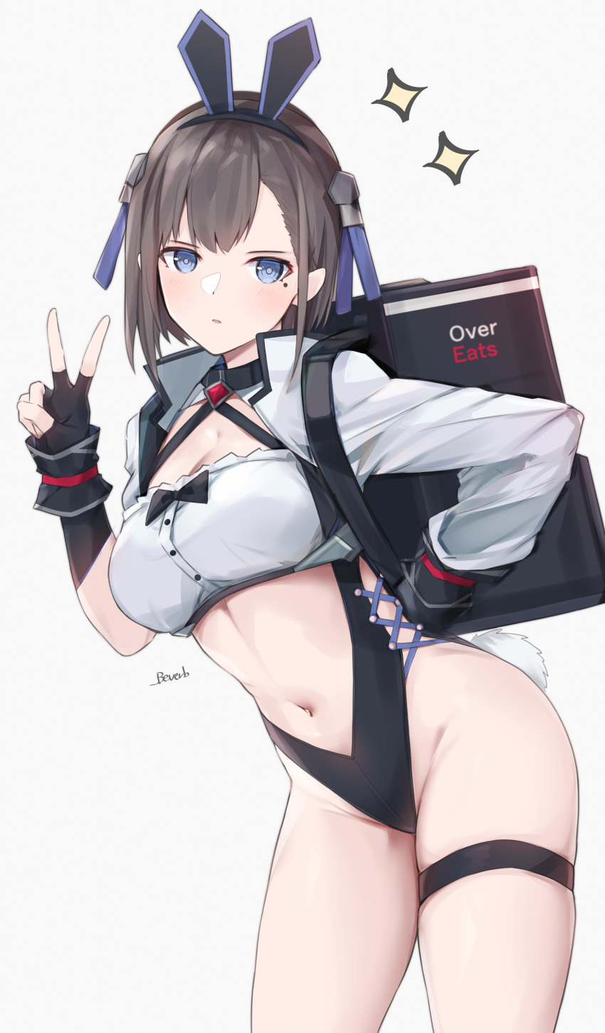 1girl absurdres animal_ears backpack bag bandeau bangs bee_doushi black_backpack black_bag black_gloves black_leotard blue_eyes brand_name_imitation breasts brown_hair bunny_ears center_opening cleavage commentary_request crop_top english_text fake_animal_ears fingerless_gloves garter_straps gem gloves groin hair_ornament hand_on_hip highres jacket leotard long_sleeves looking_at_viewer medium_breasts mole mole_under_eye navel original parted_lips revision shirt short_hair shrug_(clothing) simple_background star_(symbol) thigh_strap uber_eats v white_background white_jacket white_shirt
