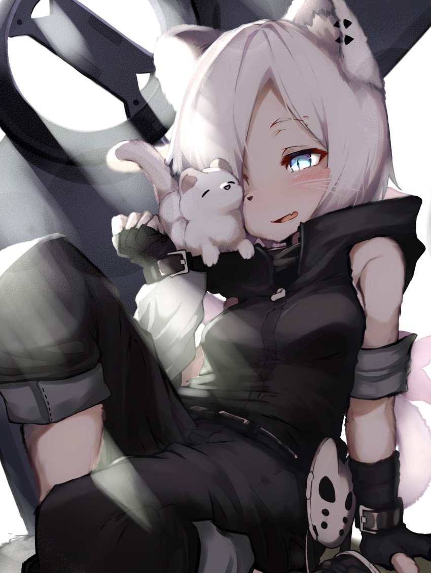 2020 absurd_res alternate_species ambiguous_gender anthro arknights black_nose blue_eyes blush breasts clothing duo ear_piercing eyes_closed female feral fur gloves hair handwear hi_res mammal mask mustelid open_mouth piercing shirayuki_(arknights) sitting smile tabhead whiskers white_body white_fur white_hair