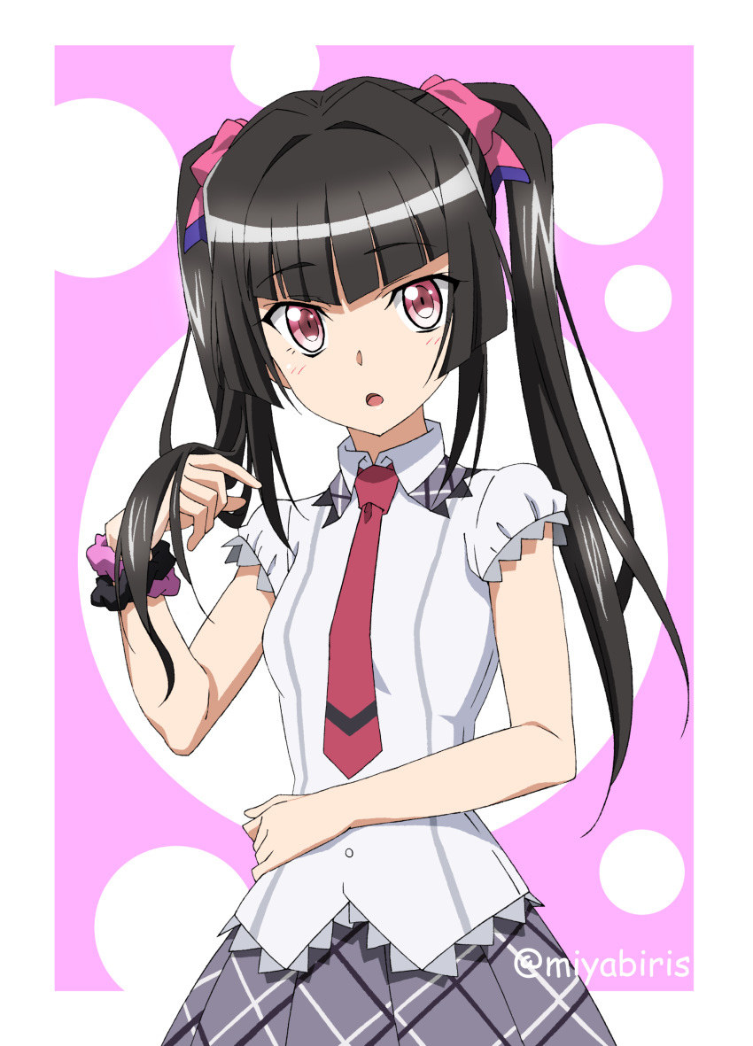 1girl absurdres bangs black_hair black_scrunchie collared_shirt dress_shirt eyebrows_visible_through_hair grey_skirt hair_ribbon hand_in_hair highres long_hair looking_at_viewer miyabi_mt-b necktie open_mouth pink_background pink_eyes pink_ribbon pink_scrunchie plaid plaid_skirt pleated_skirt red_neckwear ribbon scrunchie senki_zesshou_symphogear shiny shiny_hair shirt short_sleeves skirt solo standing tsukuyomi_shirabe twintails twitter_username two-tone_background very_long_hair white_background white_shirt wing_collar wrist_scrunchie