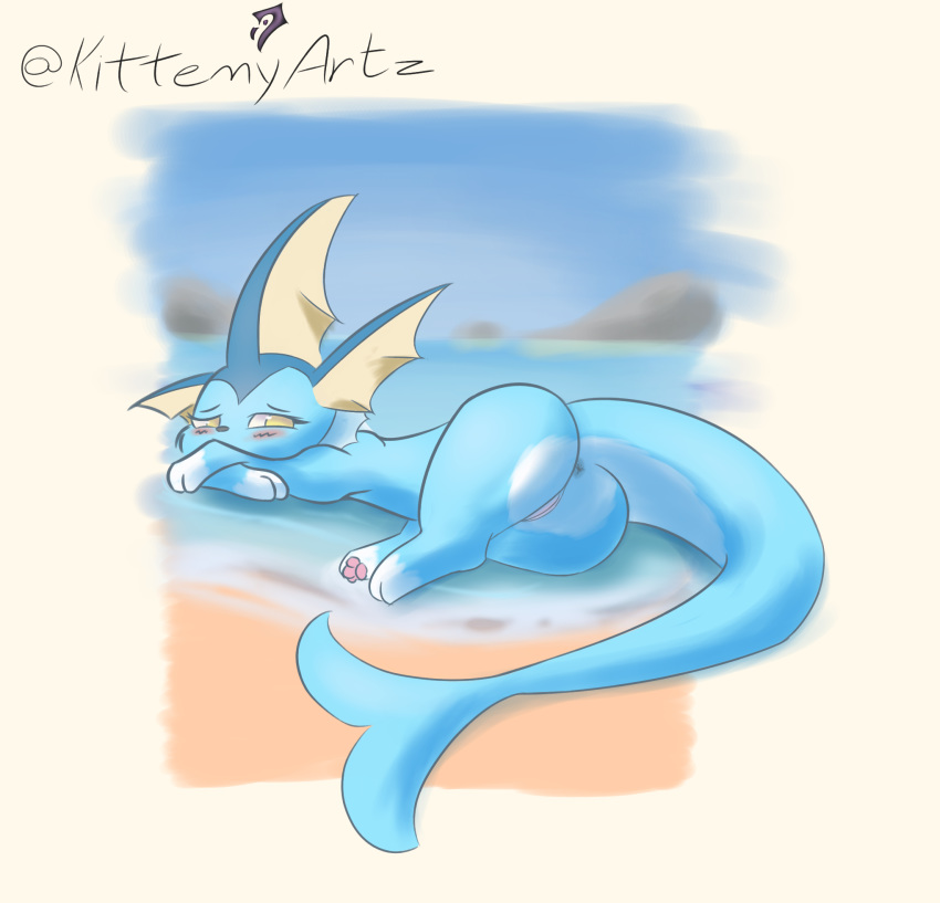 anus blush eeveelution female feral genitals hi_res kittenyartz mammal nintendo pok&eacute;mon pok&eacute;mon_(species) presenting presenting_anus presenting_pussy pussy solo vaporeon video_games