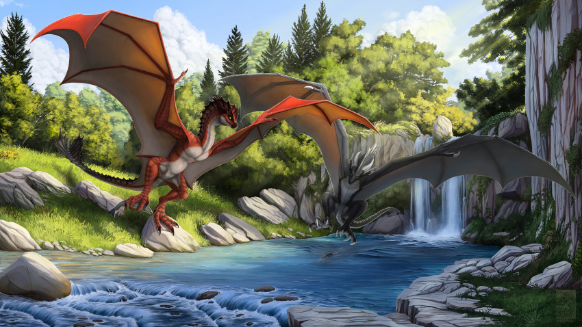 16:9 2020 3_toes absurd_res black_body black_scales day detailed_background digital_media_(artwork) dragon duo feral grass hi_res horn keltaan outside red_body red_scales rock scales sky spines toes waterfall white_body white_scales widescreen wyvern