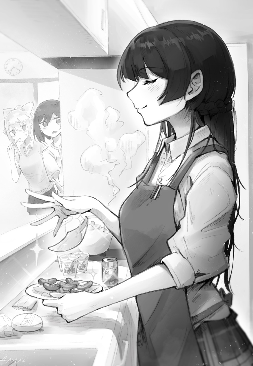 3girls absurdres apron bangs bow braid can closed_eyes collared_shirt cooking cup_ramen eyebrows_visible_through_hair food from_side greyscale hair_bow hair_ornament hairclip highres higuchi_kaede hime_cut indoors kettle kitchen monochrome multiple_girls nijisanji people_hitobito pleated_skirt sausage shirt shizuka_rin skirt sleeves_rolled_up smile soda_can steam sweater_vest t-shirt tsukino_mito virtual_youtuber