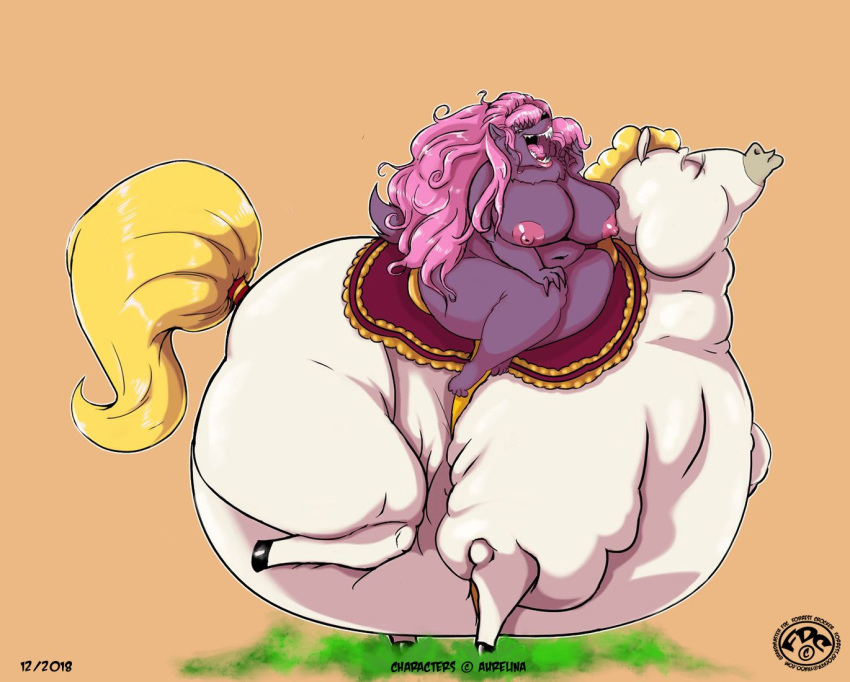 2019 ambiguous_gender anthro areola aurelina big_breasts breasts canid canine deep_navel duo equid equine eyes_closed female feral fur grandmasterfdc hair horse long_hair mammal morbidly_obese navel nipples obese obese_ambiguous obese_feral open_mouth overweight overweight_ambiguous overweight_anthro overweight_female overweight_feral pink_areola pink_hair pink_nipples purple_body purple_fur saddle sharp_teeth teeth white_body white_fur yellow_body yellow_fur