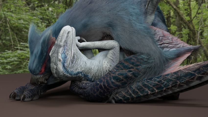 16:9 3d_(artwork) ambiguous_gender asuros blue_(jurassic_world) capcom claws digital_media_(artwork) dinosaur dromaeosaurid duo embrace eyes_closed female_(lore) feral feral_on_feral flying_wyvern fur hi_res jurassic_park jurassic_world monster_hunter nargacuga reptile scales scalie sex teeth theropod universal_studios video_games widescreen wings