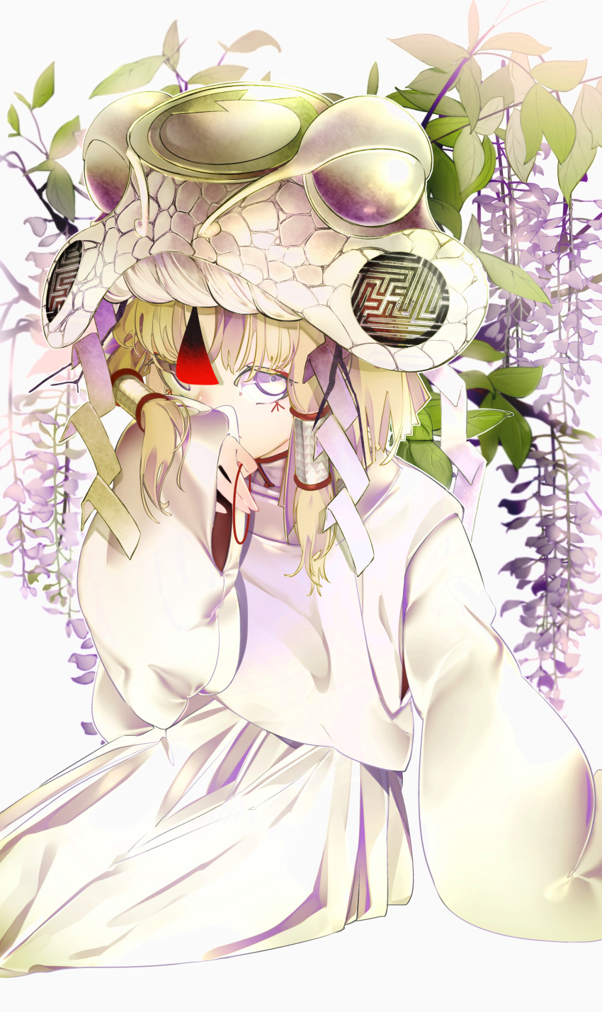1girl absurdres adapted_costume alternate_headwear arm_support bangs blonde_hair commentary covering_mouth dress facial_tattoo flower hair_tubes hand_up highres holding lavender_eyes leaf long_sleeves looking_at_viewer maimuro mandarin_collar moriya_suwako purple_eyes rope shide shimenawa short_hair sideways_glance sitting sleeves_past_wrists solo swastika tagme tattoo touhou white_dress white_headwear white_robe wide_sleeves wisteria