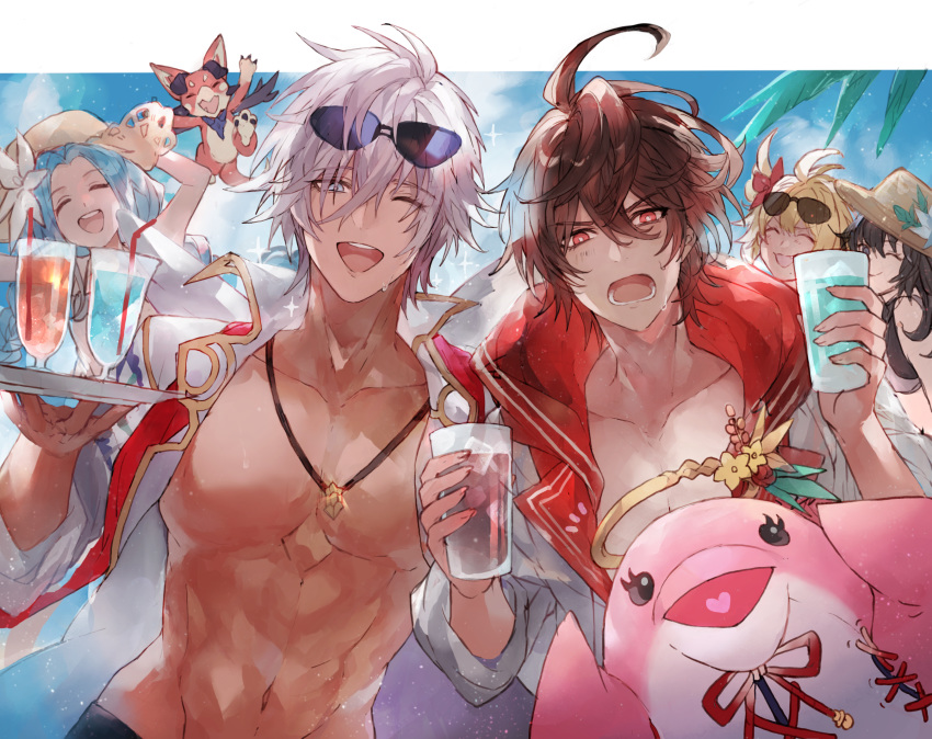 azrael_(granblue_fantasy) blue_eyes brown_hair chest dark_skin dolphin granblue_fantasy harut_(granblue_fantasy) highres hood hoodie israfel_(granblue_fantasy) long_hair lucio_(granblue_fantasy) lyria_(granblue_fantasy) marut_(granblue_fantasy) open_mouth red_eyes sandalphon_(granblue_fantasy) smile tan vee_(granblue_fantasy) waltz_(tram) white_hair