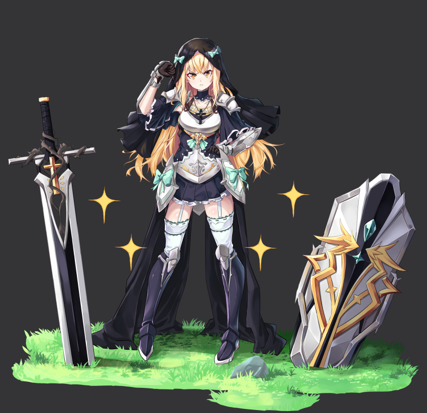 &gt;:( 1girl absurdres armor armored_boots blonde_hair boots collarbone commentary_request cross cross_necklace faulds frown garter_straps gauntlets grass grey_background hand_on_hip highres jewelry kiwoseo_meogneundas korean_commentary long_hair necklace nun original planted planted_sword planted_weapon shield solo sword thighhighs thorns vambraces veil weapon yellow_eyes