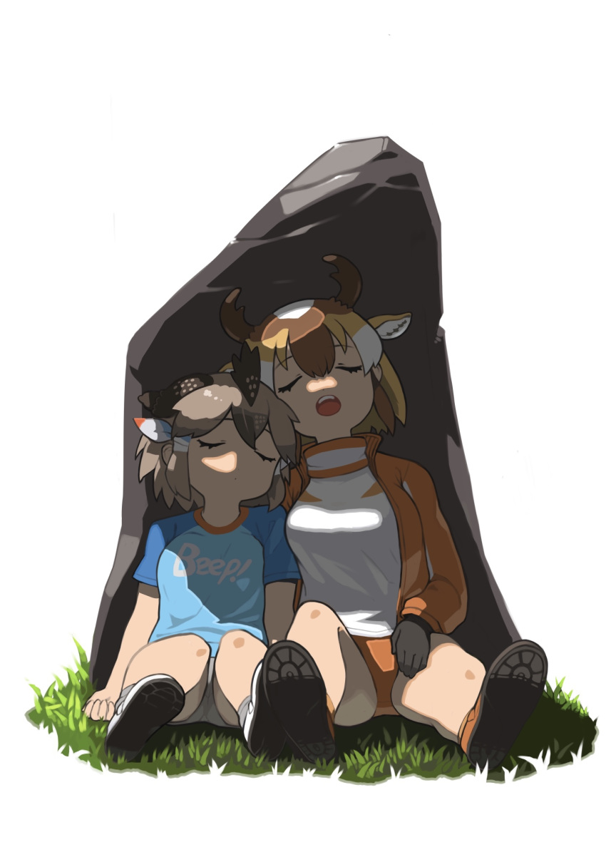2girls animal_ears bare_arms bare_legs bike_shorts black_hair brown_hair buruma closed_eyes closed_mouth clothes_writing extra_ears full_body grass greater_roadrunner_(kemono_friends) grey_hair hair_between_eyes hair_tubes head_on_another's_shoulder head_on_shoulder height_difference highres horns jacket kemono_friends leaning_on_person leaning_to_the_side light_brown_hair long_sleeves multicolored_hair multiple_girls open_mouth pronghorn_(kemono_friends) rinx shirt shoe_soles shoes short_hair short_sleeves side-by-side simple_background sitting sleeping sportswear stone t-shirt white_background white_hair