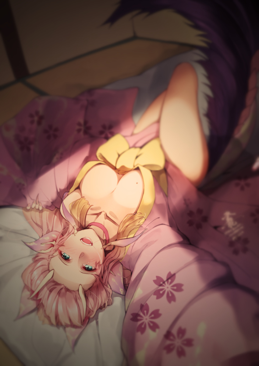 1girl blanket blue_eyes blush breasts cleavage futon highres horns indoors japanese_clothes kimono large_breasts long_tail looking_at_viewer lying mizutsune mole mole_on_breast monster_hunter monster_hunter_xx on_back open_mouth personification pink_hair short_hair slit_pupils smile solo suiiryu tail tatami