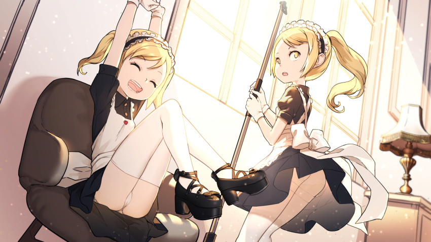 2girls aoi_tsunami apron arms_up ass black_dress black_footwear blonde_hair chair closed_eyes desk dress gloves high_heels highres indoors knees_up lamp long_hair maid maid_apron maid_headdress mop multiple_girls open_mouth original panties ponytail puffy_short_sleeves puffy_sleeves shoes short_sleeves sitting smile standing sunlight thighhighs underwear white_gloves white_legwear white_panties window yellow_eyes